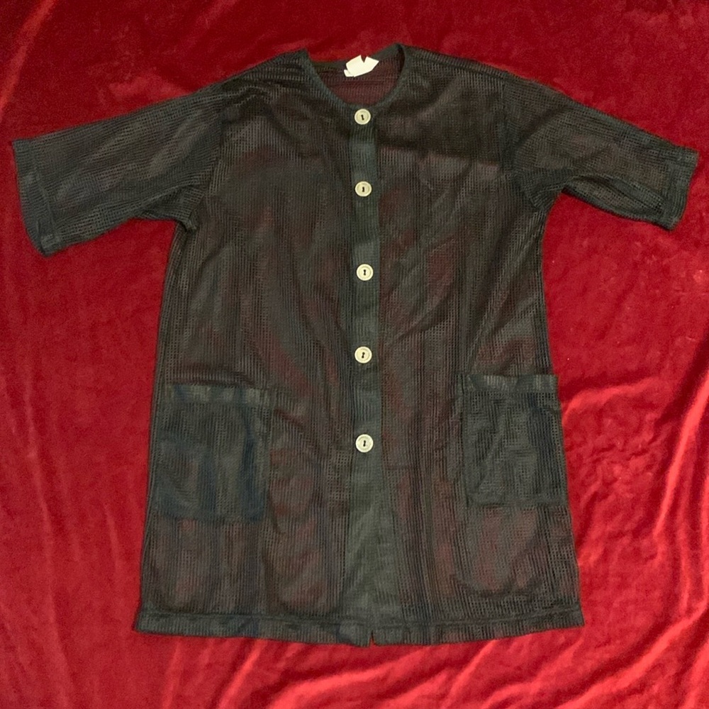 Black Sheer Button Up Fishnet Tunic Top or Swim/Beach Coverup Size Small/Medium